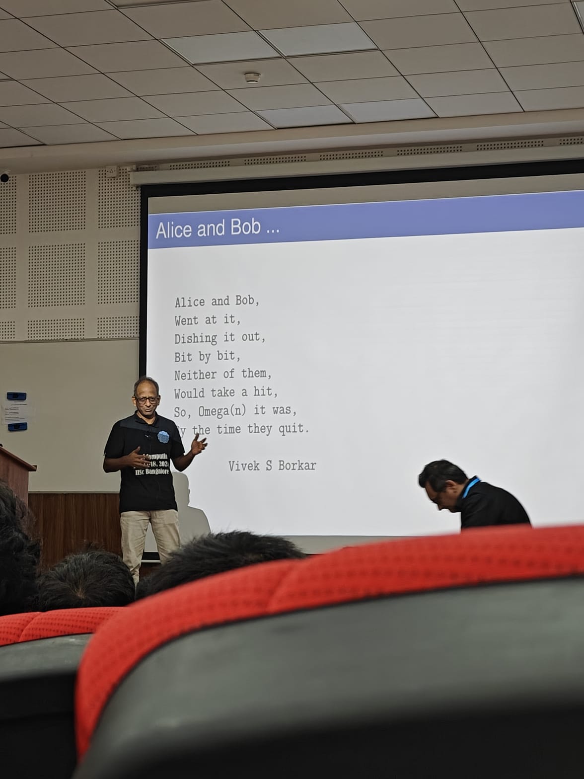 A conference talk slide with a poem about Alice and Bob, at IISc Bangalore